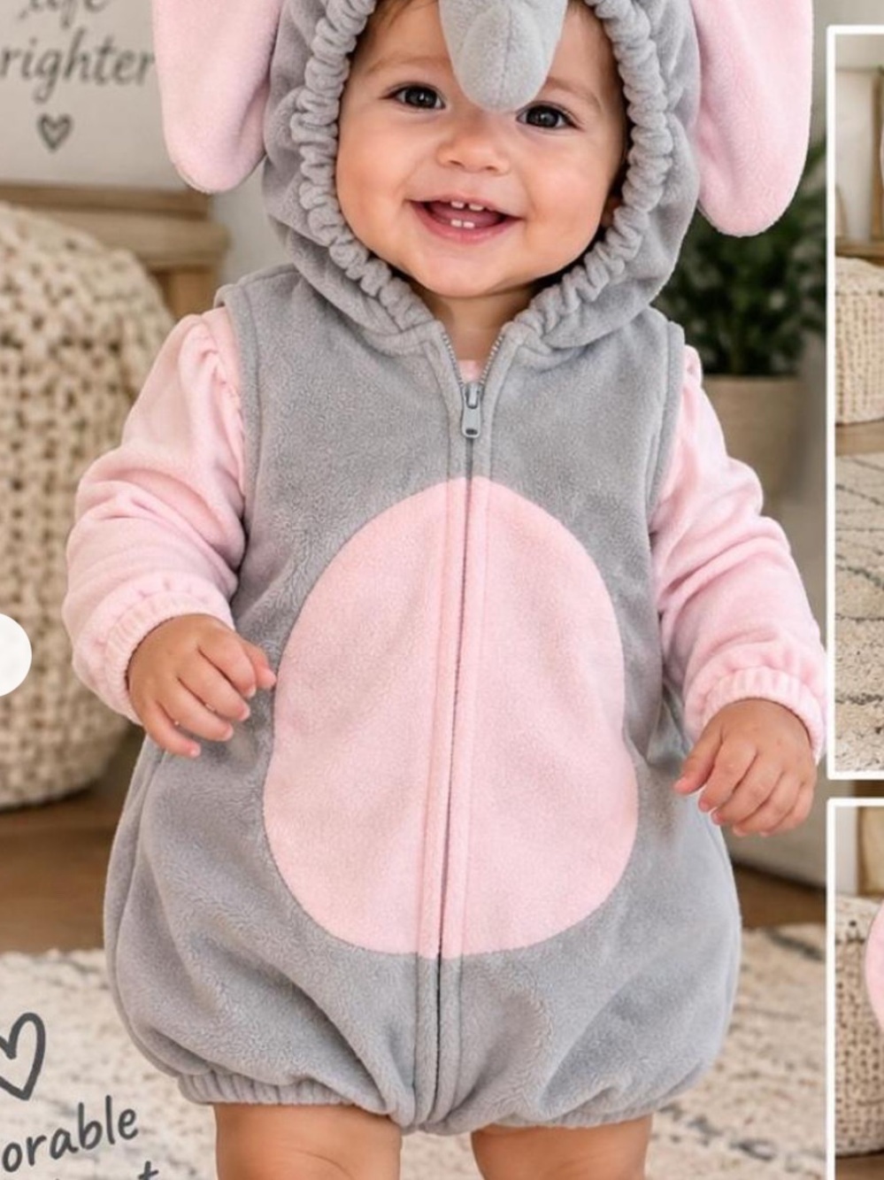 Carter's Adorable Gray & Pink Elephant Hooded Romper Halloween Costume 🎃
